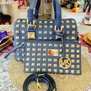 Michael Kors Grayson Navy and Gold Studded Satchel Set